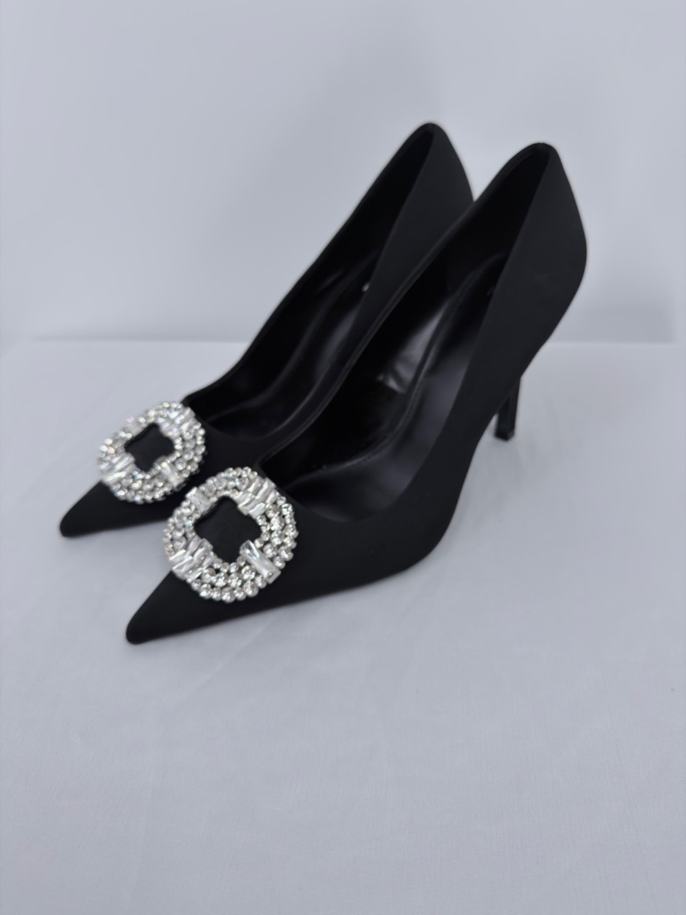 Mango Black Satin Heels Rhinestone Buckle Pumps Size 40 EU Pointed Toe 4” Heel